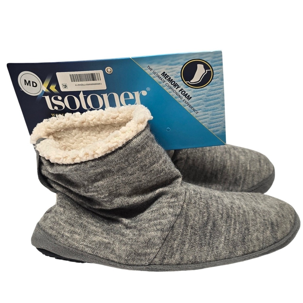 Isotoner Womens Memory Foam Bootie Slippers Gray Faux Fur Lined 7-8 M NWT